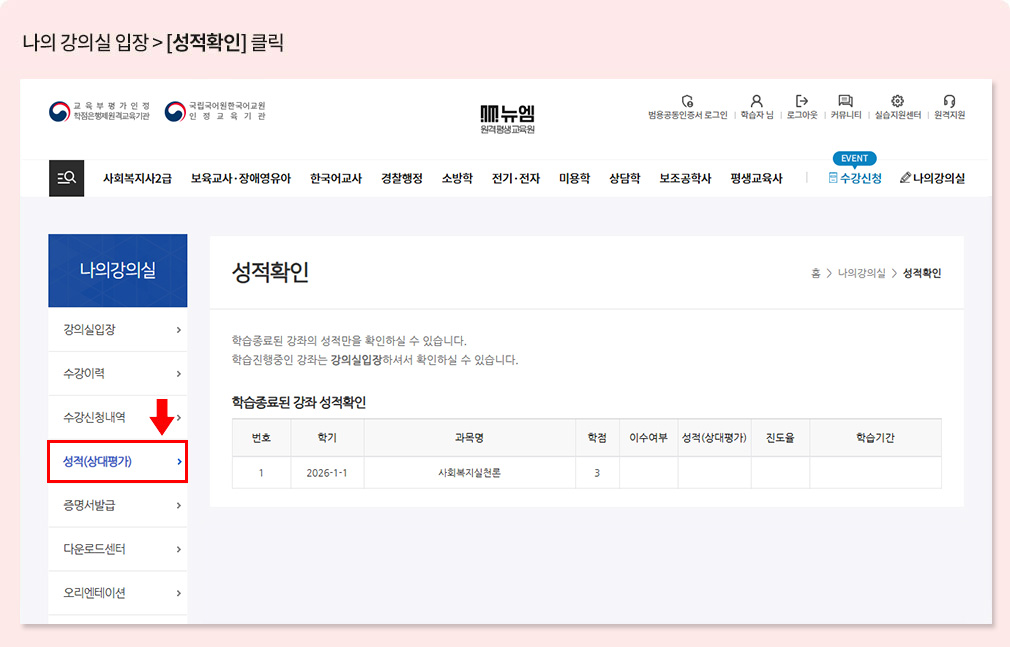 나의 강의실 입장 > [성적확인] 클릭